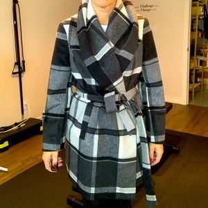 Grey Plaid Wool Wrap Coat